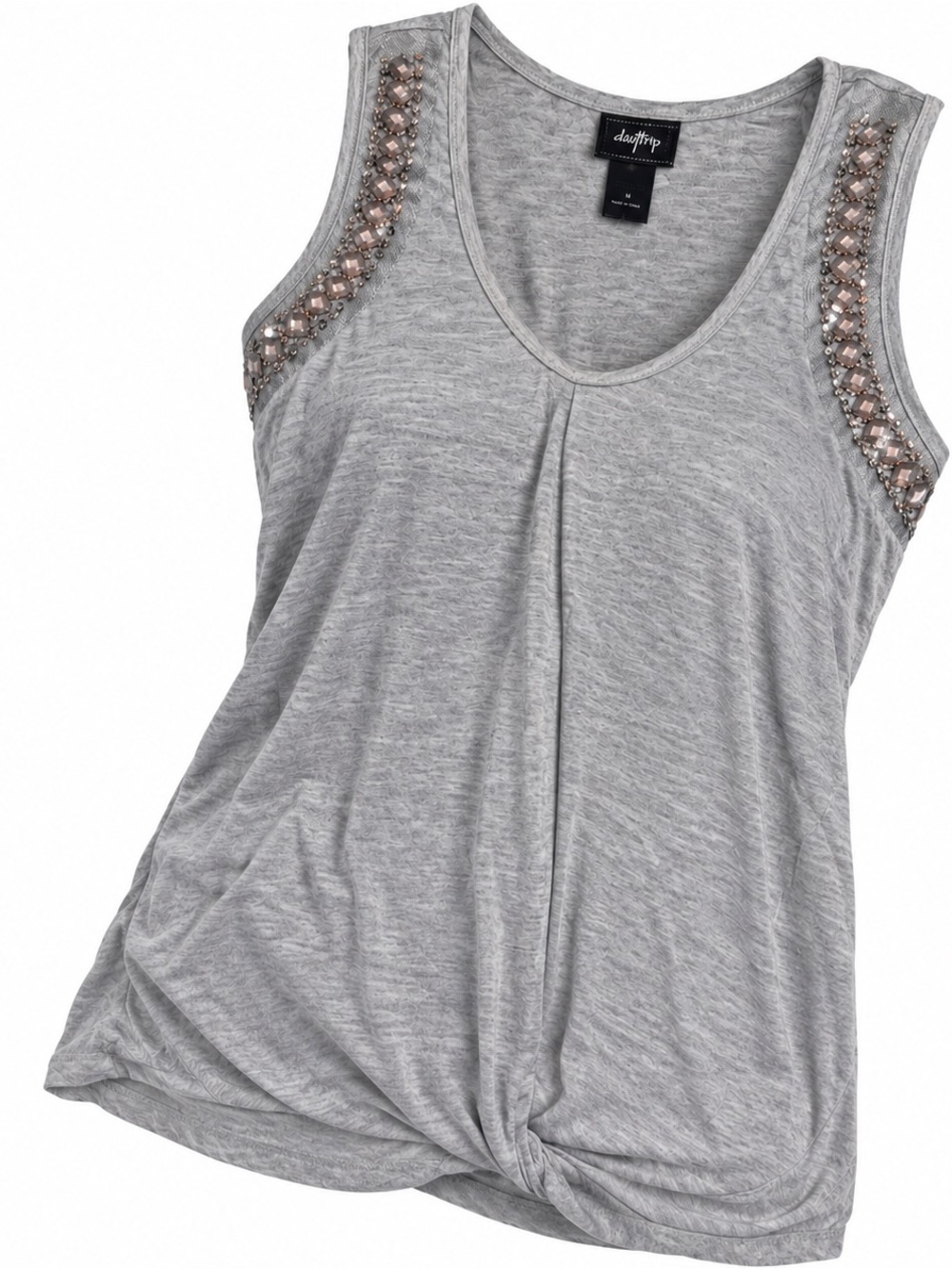 Daytrip Light Gray Embellished Knot-Front Tank